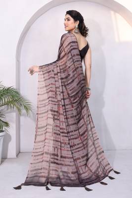 Dusty Rose Pink Chiffon Shibori Print/Dyed Print /Tassels Saree With Unstitched Blouse Piece 4