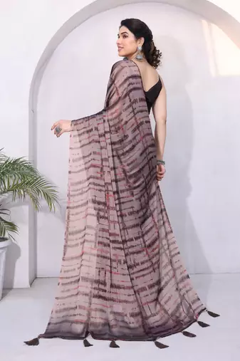 Dusty Rose Pink Chiffon Shibori Print/Dyed Print /Tassels Saree With Unstitched Blouse Piece