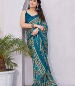 Teal Chiffon Paisley Print/Checks Print Printed/Tassels Saree With Unstitched Blouse Piece