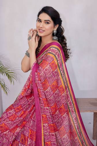 Rani Pink Chiffon Paisley Print/Checks Print Printed/Tassels Saree With Unstitched Blouse Piece