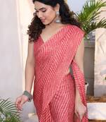 Coral chiffon stripes print/leheriya print /tassels saree with unstitched blouse piece