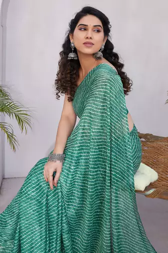 Teal Chiffon Stripes Print/Leheriya Print /Tassels Saree With Unstitched Blouse Piece