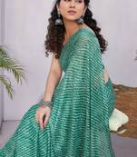 Teal Chiffon Stripes Print/Leheriya Print /Tassels Saree With Unstitched Blouse Piece