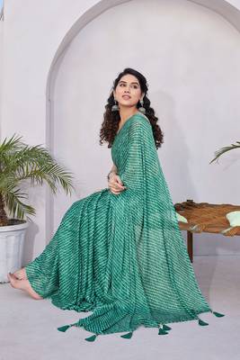 Teal Chiffon Stripes Print/Leheriya Print /Tassels Saree With Unstitched Blouse Piece 2