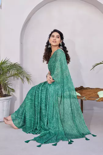 Teal Chiffon Stripes Print/Leheriya Print /Tassels Saree With Unstitched Blouse Piece