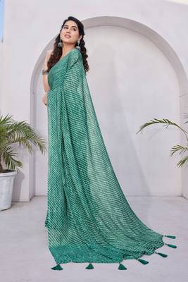 Teal Chiffon Stripes Print/Leheriya Print /Tassels Saree With Unstitched Blouse Piece 3