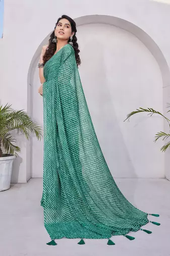 Teal Chiffon Stripes Print/Leheriya Print /Tassels Saree With Unstitched Blouse Piece