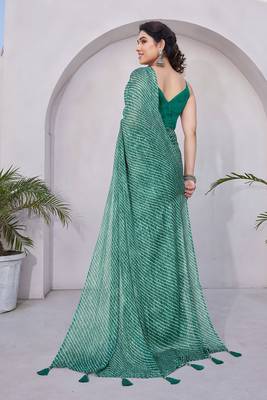 Teal Chiffon Stripes Print/Leheriya Print /Tassels Saree With Unstitched Blouse Piece 4