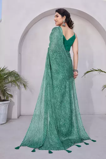 Teal Chiffon Stripes Print/Leheriya Print /Tassels Saree With Unstitched Blouse Piece