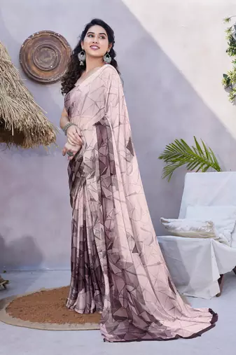 Light Dusty Pink Chiffon Geometric Print Saree With Unstitched Blouse Piece