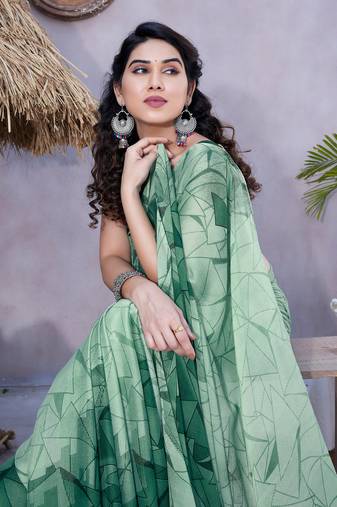 Light Dusty Green Chiffon Geometric Print Saree With Unstitched Blouse Piece