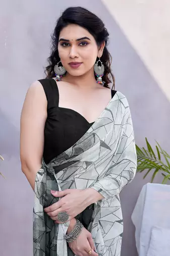 Off White Chiffon Geometric Print Saree With Unstitched Blouse Piece