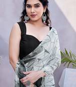 Off White Chiffon Geometric Print Saree With Unstitched Blouse Piece