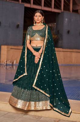 GREEN SEQUINS THREAD & ZARI EMBROIDERED GEORGETTE DESIGNER WEDDING & PARTY WEAR FESTIVAL SEMI STITCHED LEHENGA 1