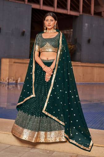 GREEN SEQUINS THREAD & ZARI EMBROIDERED GEORGETTE DESIGNER WEDDING & PARTY WEAR FESTIVAL SEMI STITCHED LEHENGA