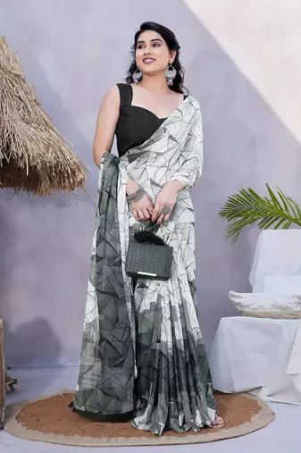 Off White Chiffon Geometric Print Saree With Unstitched Blouse Piece