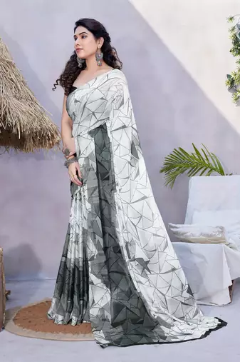 Off White Chiffon Geometric Print Saree With Unstitched Blouse Piece