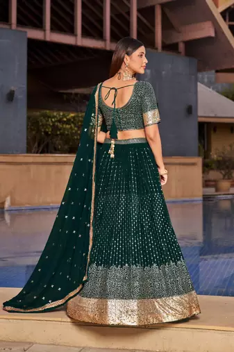 GREEN SEQUINS THREAD & ZARI EMBROIDERED GEORGETTE DESIGNER WEDDING & PARTY WEAR FESTIVAL SEMI STITCHED LEHENGA