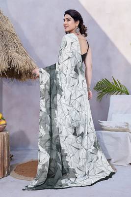 Off White Chiffon Geometric Print Saree With Unstitched Blouse Piece 4