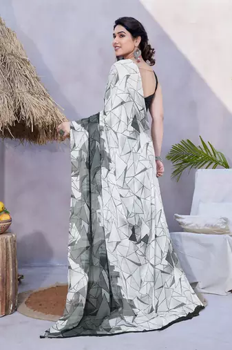 Off White Chiffon Geometric Print Saree With Unstitched Blouse Piece