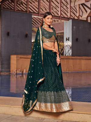 GREEN SEQUINS THREAD & ZARI EMBROIDERED GEORGETTE DESIGNER WEDDING & PARTY WEAR FESTIVAL SEMI STITCHED LEHENGA 5