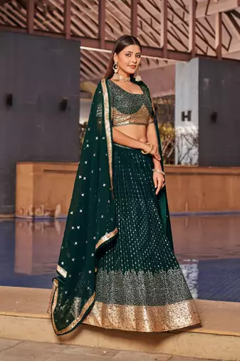 GREEN SEQUINS THREAD & ZARI EMBROIDERED GEORGETTE DESIGNER WEDDING & PARTY WEAR FESTIVAL SEMI STITCHED LEHENGA