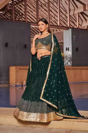 GREEN SEQUINS THREAD & ZARI EMBROIDERED GEORGETTE DESIGNER WEDDING & PARTY WEAR FESTIVAL SEMI STITCHED LEHENGA