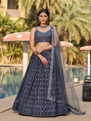 GREY SEQUINS THREAD & ZARI EMBROIDERED GEORGETTE DESIGNER WEDDING & PARTY WEAR FESTIVAL SEMI STITCHED LEHENGA 1