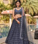 GREY SEQUINS THREAD & ZARI EMBROIDERED GEORGETTE DESIGNER WEDDING & PARTY WEAR FESTIVAL SEMI STITCHED LEHENGA
