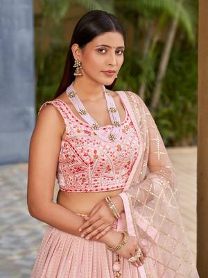 PINK SEQUINS THREAD & ZARI EMBROIDERED GEORGETTE DESIGNER WEDDING & PARTY WEAR FESTIVAL SEMI STITCHED LEHENGA 3