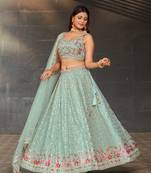 SKY BLUE SEQUINS THREAD & ZARI EMBROIDERED GEORGETTE DESIGNER WEDDING & PARTY WEAR FESTIVAL SEMI STITCHED LEHENGA