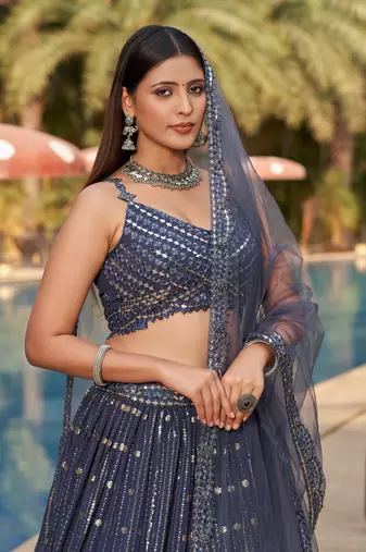 GREY SEQUINS THREAD & ZARI EMBROIDERED GEORGETTE DESIGNER WEDDING & PARTY WEAR FESTIVAL SEMI STITCHED LEHENGA