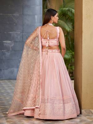 PINK SEQUINS THREAD & ZARI EMBROIDERED GEORGETTE DESIGNER WEDDING & PARTY WEAR FESTIVAL SEMI STITCHED LEHENGA 4