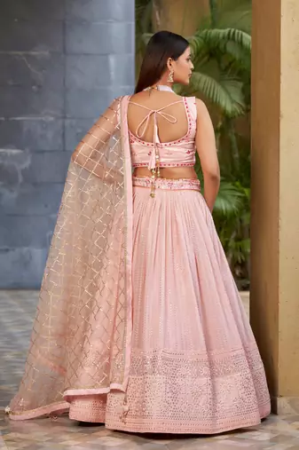 PINK SEQUINS THREAD & ZARI EMBROIDERED GEORGETTE DESIGNER WEDDING & PARTY WEAR FESTIVAL SEMI STITCHED LEHENGA