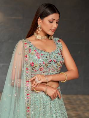 SKY BLUE SEQUINS THREAD & ZARI EMBROIDERED GEORGETTE DESIGNER WEDDING & PARTY WEAR FESTIVAL SEMI STITCHED LEHENGA 3