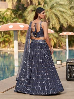GREY SEQUINS THREAD & ZARI EMBROIDERED GEORGETTE DESIGNER WEDDING & PARTY WEAR FESTIVAL SEMI STITCHED LEHENGA 4