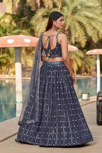 GREY SEQUINS THREAD & ZARI EMBROIDERED GEORGETTE DESIGNER WEDDING & PARTY WEAR FESTIVAL SEMI STITCHED LEHENGA
