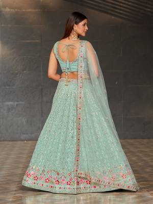 SKY BLUE SEQUINS THREAD & ZARI EMBROIDERED GEORGETTE DESIGNER WEDDING & PARTY WEAR FESTIVAL SEMI STITCHED LEHENGA 4