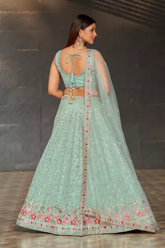 SKY BLUE SEQUINS THREAD & ZARI EMBROIDERED GEORGETTE DESIGNER WEDDING & PARTY WEAR FESTIVAL SEMI STITCHED LEHENGA