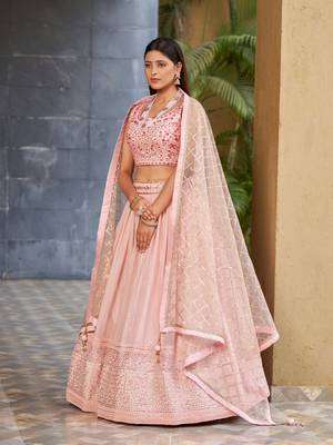 PINK SEQUINS THREAD & ZARI EMBROIDERED GEORGETTE DESIGNER WEDDING & PARTY WEAR FESTIVAL SEMI STITCHED LEHENGA 6