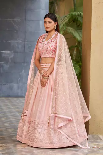 PINK SEQUINS THREAD & ZARI EMBROIDERED GEORGETTE DESIGNER WEDDING & PARTY WEAR FESTIVAL SEMI STITCHED LEHENGA