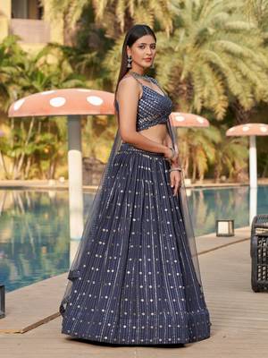 GREY SEQUINS THREAD & ZARI EMBROIDERED GEORGETTE DESIGNER WEDDING & PARTY WEAR FESTIVAL SEMI STITCHED LEHENGA 5
