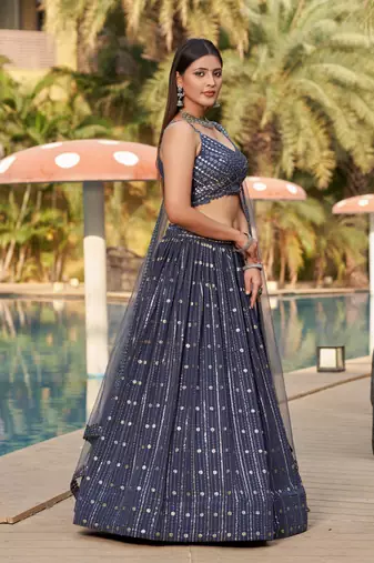 GREY SEQUINS THREAD & ZARI EMBROIDERED GEORGETTE DESIGNER WEDDING & PARTY WEAR FESTIVAL SEMI STITCHED LEHENGA