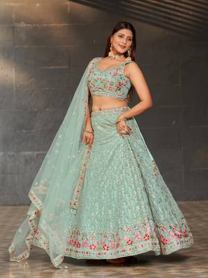 SKY BLUE SEQUINS THREAD & ZARI EMBROIDERED GEORGETTE DESIGNER WEDDING & PARTY WEAR FESTIVAL SEMI STITCHED LEHENGA 5