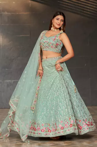 SKY BLUE SEQUINS THREAD & ZARI EMBROIDERED GEORGETTE DESIGNER WEDDING & PARTY WEAR FESTIVAL SEMI STITCHED LEHENGA