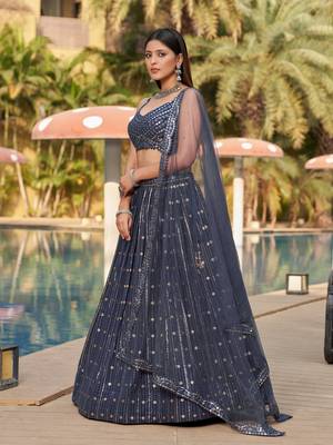 GREY SEQUINS THREAD & ZARI EMBROIDERED GEORGETTE DESIGNER WEDDING & PARTY WEAR FESTIVAL SEMI STITCHED LEHENGA 6