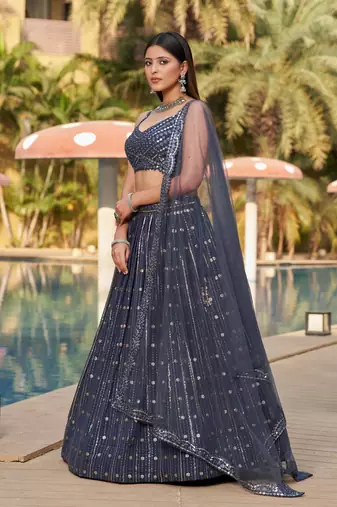 GREY SEQUINS THREAD & ZARI EMBROIDERED GEORGETTE DESIGNER WEDDING & PARTY WEAR FESTIVAL SEMI STITCHED LEHENGA