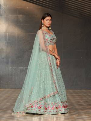SKY BLUE SEQUINS THREAD & ZARI EMBROIDERED GEORGETTE DESIGNER WEDDING & PARTY WEAR FESTIVAL SEMI STITCHED LEHENGA 6