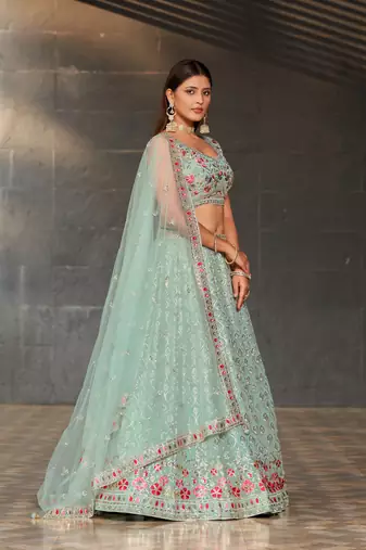 SKY BLUE SEQUINS THREAD & ZARI EMBROIDERED GEORGETTE DESIGNER WEDDING & PARTY WEAR FESTIVAL SEMI STITCHED LEHENGA