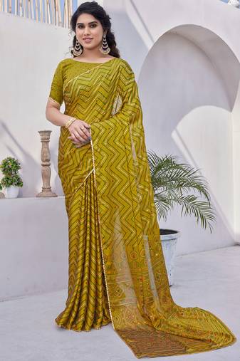 Mustard chiffon foil print/chevron/zig zag print sequinns lace saree with unstitched blouse piece